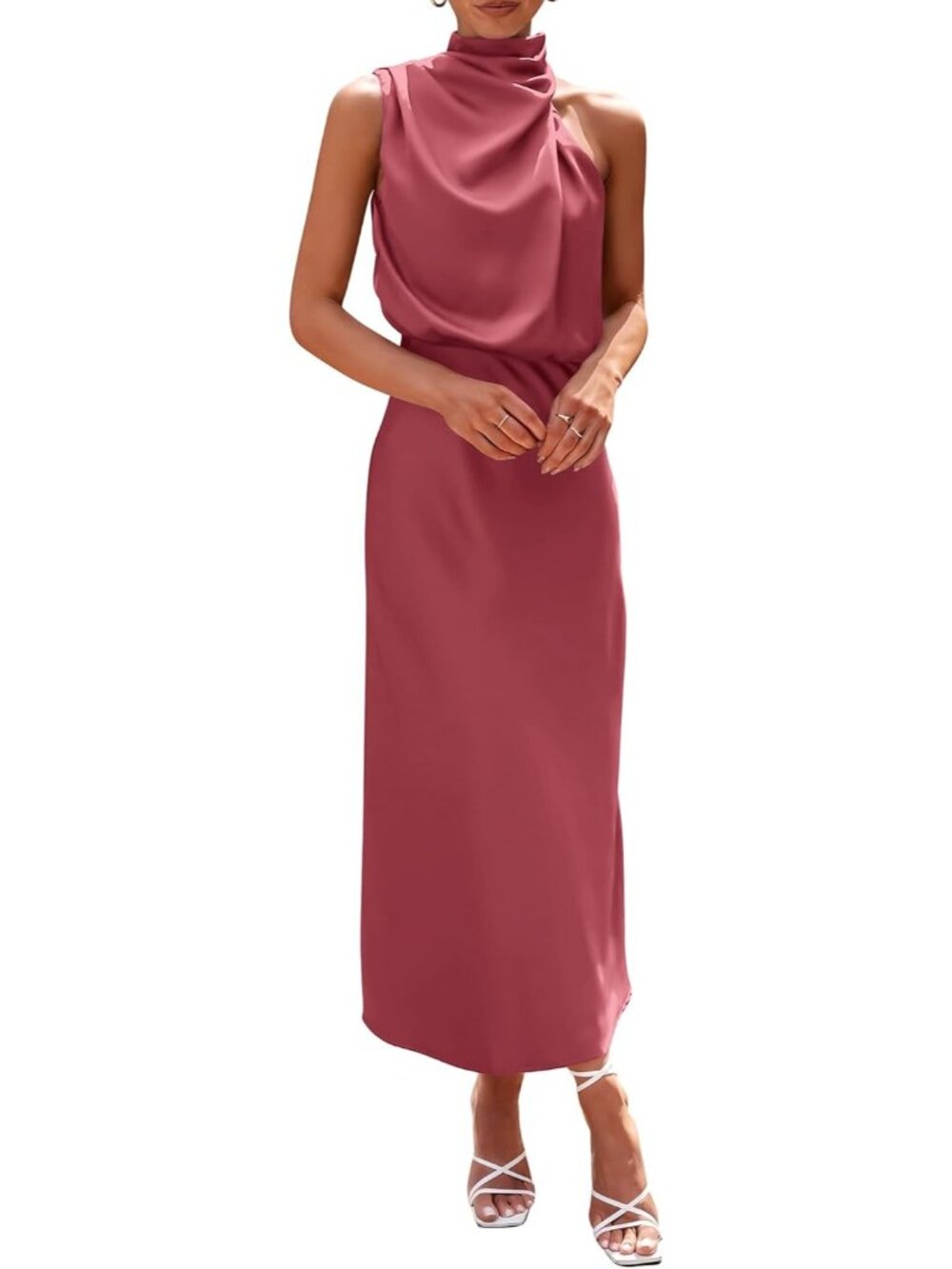 Women's Brick Red Summer Satin Dress Elegant Sleeveless Mock Neck Maxi Dress